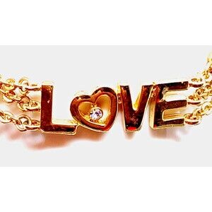 Vintage Bracelet Love Hearts Rhinestone Valentine Cable Chains Gold Plated 8 in